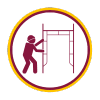Ícono circular con borde amarillo que muestra a una persona con casco armando un andamio en color vino sobre fondo blanco. Representa el curso de armado seguro y uso adecuado de andamios en actividades en altura.