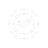 Ícono de insignia blanca con borde ondulado y una marca de verificación en el centro, sobre fondo azul grisáceo, simbolizando certificación, cumplimiento de calidad o aprobación.