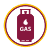 Ícono circular con borde amarillo y fondo blanco que muestra un cilindro de gas color vino con la palabra "GAS" al centro y una gota encima. Representa la capacitación sobre el uso seguro y responsable del gas natural en entornos laborales.