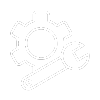 Ícono blanco de engranaje y llave inglesa cruzados sobre fondo gris azulado, representando mantenimiento o configuración técnica.