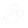 Ícono blanco de tres engranes en diferentes tamaños sobre un fondo azul grisáceo, representando procesos mecánicos, operativos o de ingeniería industrial.