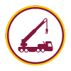 Ícono circular con borde amarillo que muestra una grúa móvil hidráulica de perfil en color vino, sobre fondo blanco. Representa la capacitación en operación segura de grúas para maniobras de carga y descarga en entornos industriales o de construcción.