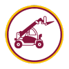 Ícono circular con borde amarillo y fondo blanco que representa un telehandler en color vino, una máquina elevadora con brazo telescópico. El gráfico simboliza la capacitación en el uso seguro de este equipo para maniobras de carga y elevación en obra.
