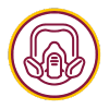 Ícono en color vino de una mascarilla de protección respiratoria con doble filtro, sobre fondo blanco con borde circular amarillo; representa el curso de protección respiratoria impartido por CASFAM, enfocado en el uso correcto del equipo para prevenir la inhalación de contaminantes en entornos laborales industriales.