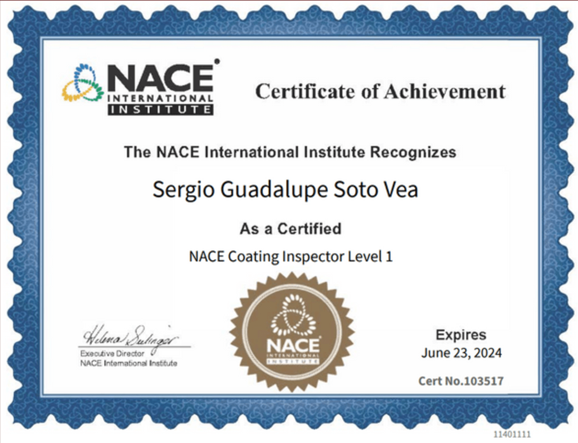 Certificado de logro emitido por el NACE International Institute a Sergio Guadalupe Soto Vea como “NACE Coating Inspector Level 1”, con vigencia hasta el 23 de junio de 2024 y número de certificado 103517.