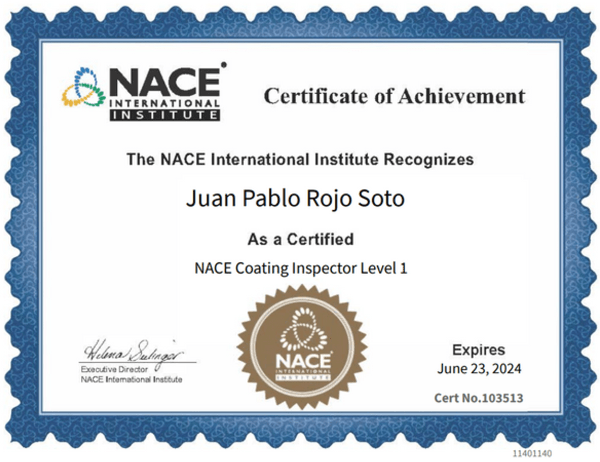 Certificado de reconocimiento del NACE International Institute otorgado a Juan Pablo Rojo Soto como “NACE Coating Inspector Level 1”, con vigencia hasta el 23 de junio de 2024 y número de certificado 103513.
