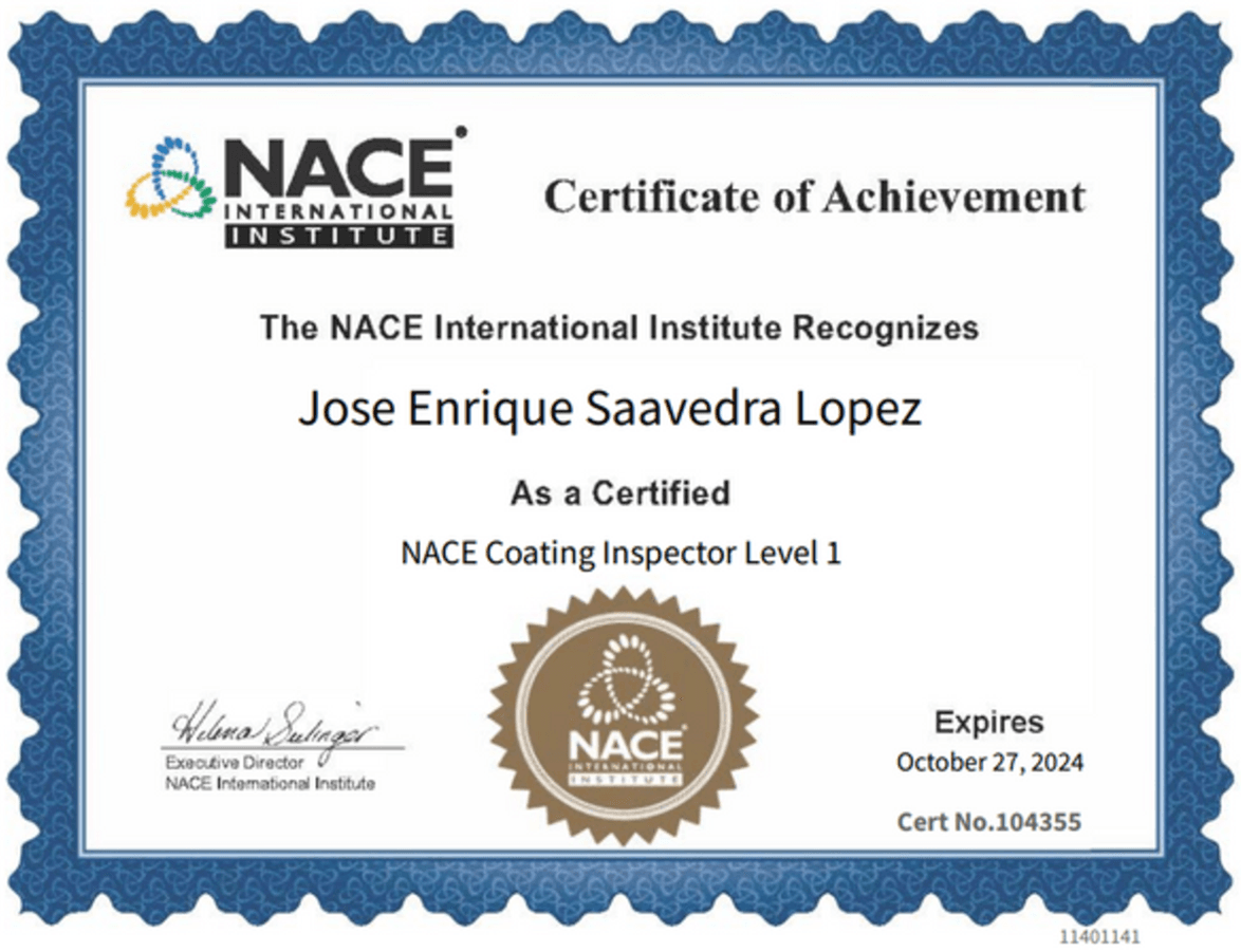 Certificado de reconocimiento emitido por NACE International Institute a Jose Enrique Saavedra Lopez como “NACE Coating Inspector Level 1”, con vigencia hasta el 27 de octubre de 2024 y número de certificado 104355.