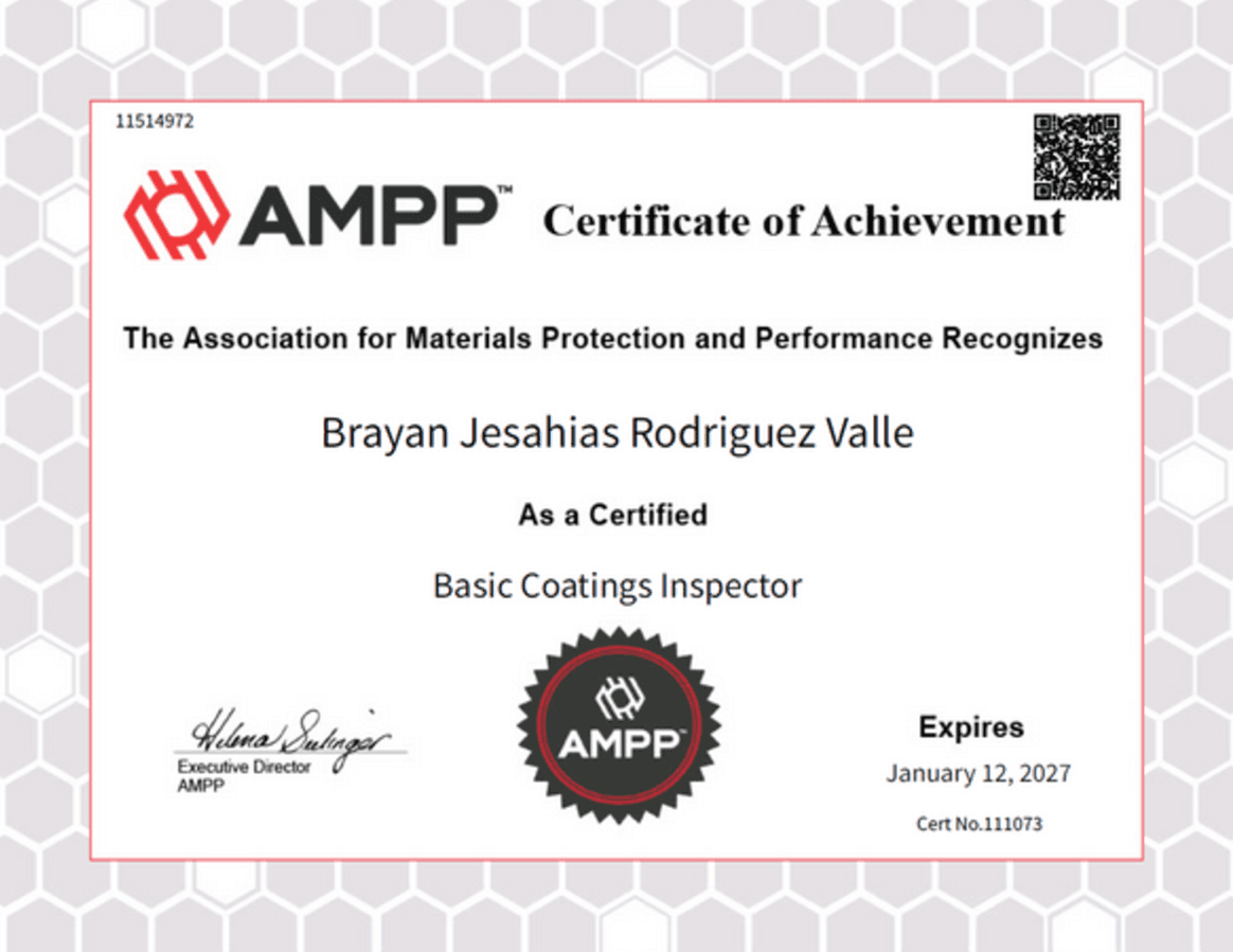 Certificado de logro otorgado por AMPP a Brayan Jesahias Rodríguez Valle como “Basic Coatings Inspector”, con vigencia hasta el 12 de enero de 2027 y número de certificado 111073.