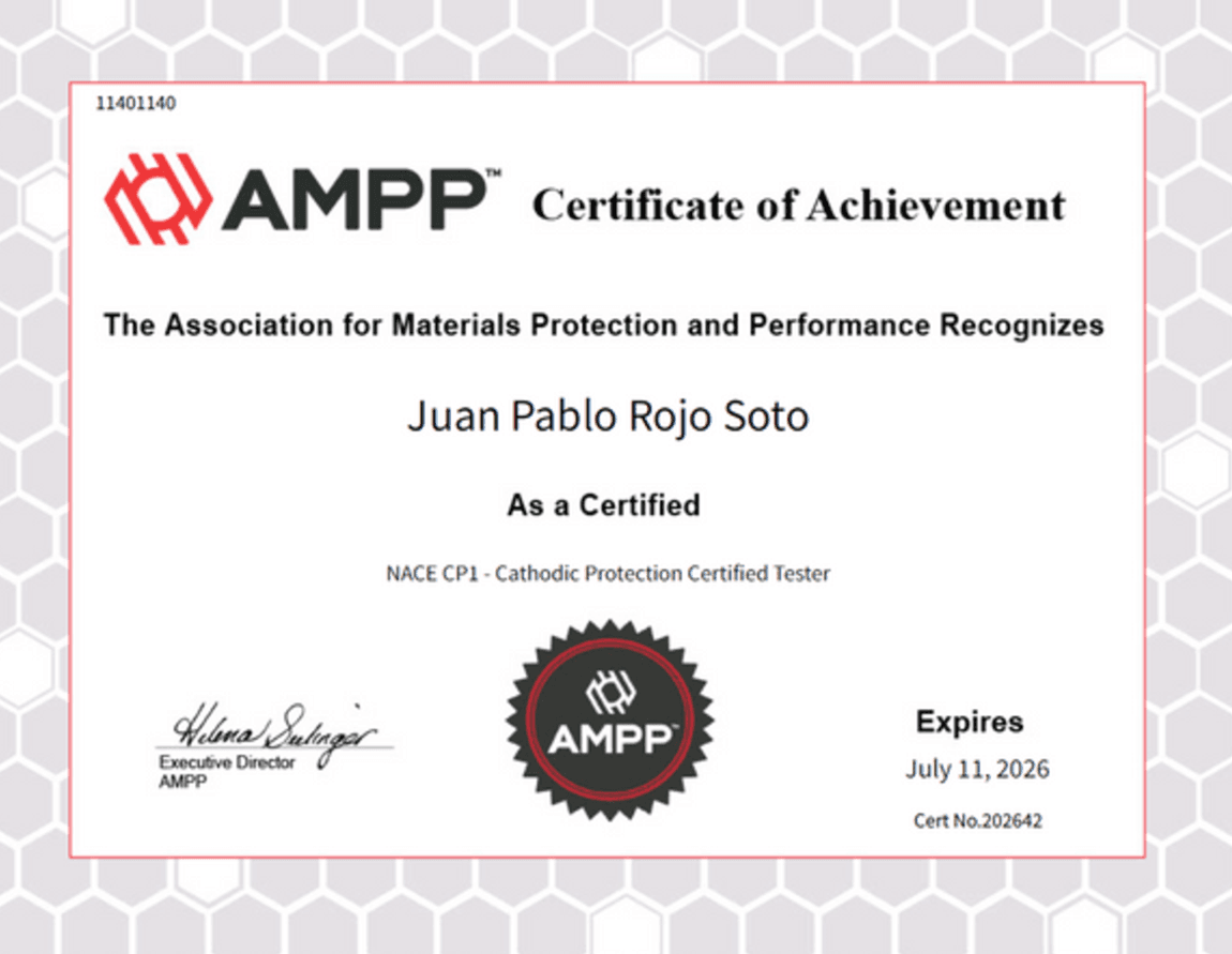 Certificado de logro otorgado por AMPP (Association for Materials Protection and Performance) a Juan Pablo Rojo Soto como “Cathodic Protection Certified Tester” (NACE CP1), con vigencia hasta el 11 de julio de 2026.