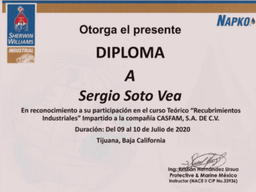 Diploma otorgado a Sergio Soto Vea por su participación en el curso teórico “Recubrimientos Industriales” impartido por Sherwin-Williams y NAPKO a CASFAM S.A. de C.V., del 9 al 10 de julio de 2020 en Tijuana, Baja California.