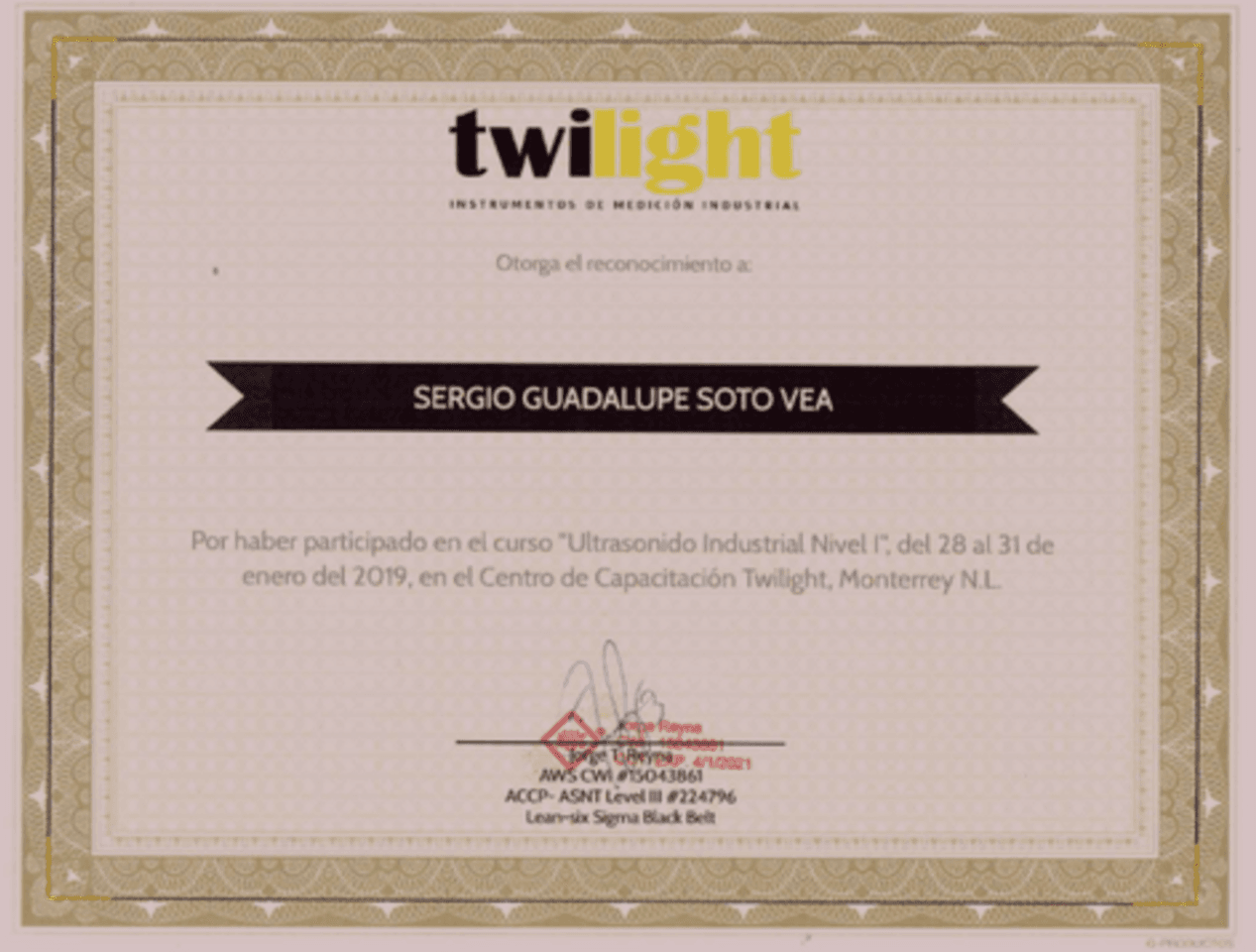 Reconocimiento otorgado a Sergio Guadalupe Soto Vea por su participación en el curso “Ultrasonido Industrial Nivel I” impartido del 28 al 31 de enero de 2019 en el Centro de Capacitación Twilight, Monterrey N.L.