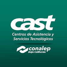 Logotipo de CAST (Centros de Asistencia y Servicios Tecnológicos) y CONALEP Baja California, sobre fondo verde, utilizado en certificaciones técnicas y programas de formación industrial.