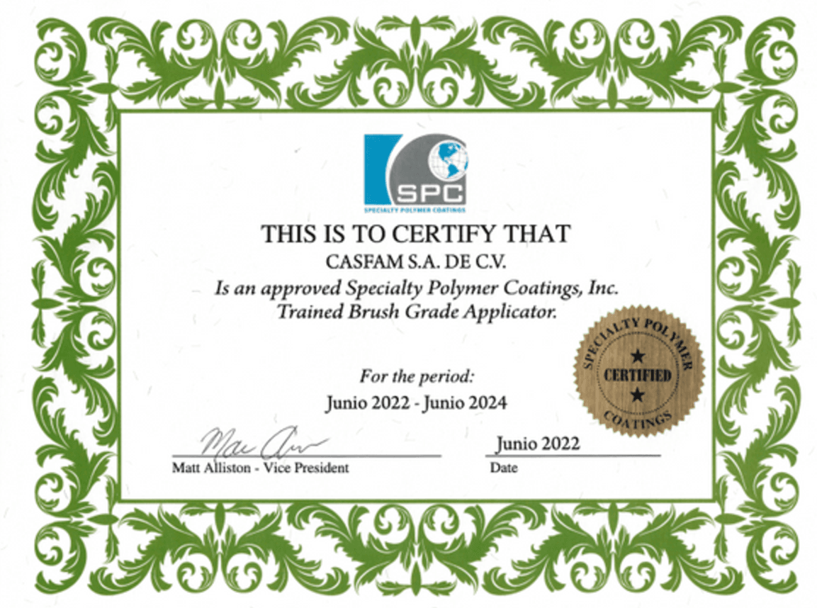 Certificado oficial de Specialty Polymer Coatings que acredita a CASFAM S.A. de C.V. como aplicador aprobado en recubrimientos grado brocha, vigente de junio 2022 a junio 2024, firmado por el vicepresidente Matt Alliston.