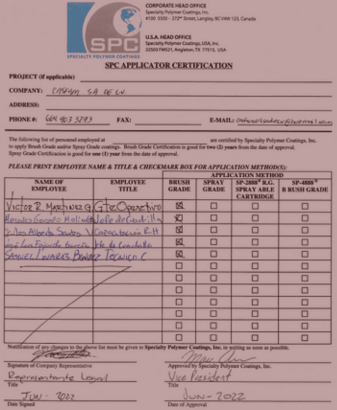 Certificación SPC emitida para CASFAM S.A. de C.V. en junio de 2022, listando al personal autorizado para aplicar recubrimientos industriales en grado de brocha, incluyendo operativos, técnicos y responsables de cuadrilla.