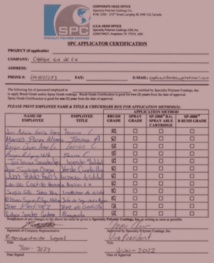 Certificado de aplicadores SPC emitido para CASFAM S.A. de C.V., con listado de empleados autorizados para aplicar recubrimientos industriales en grado de brocha, incluyendo fecha de emisión en enero de 2022.