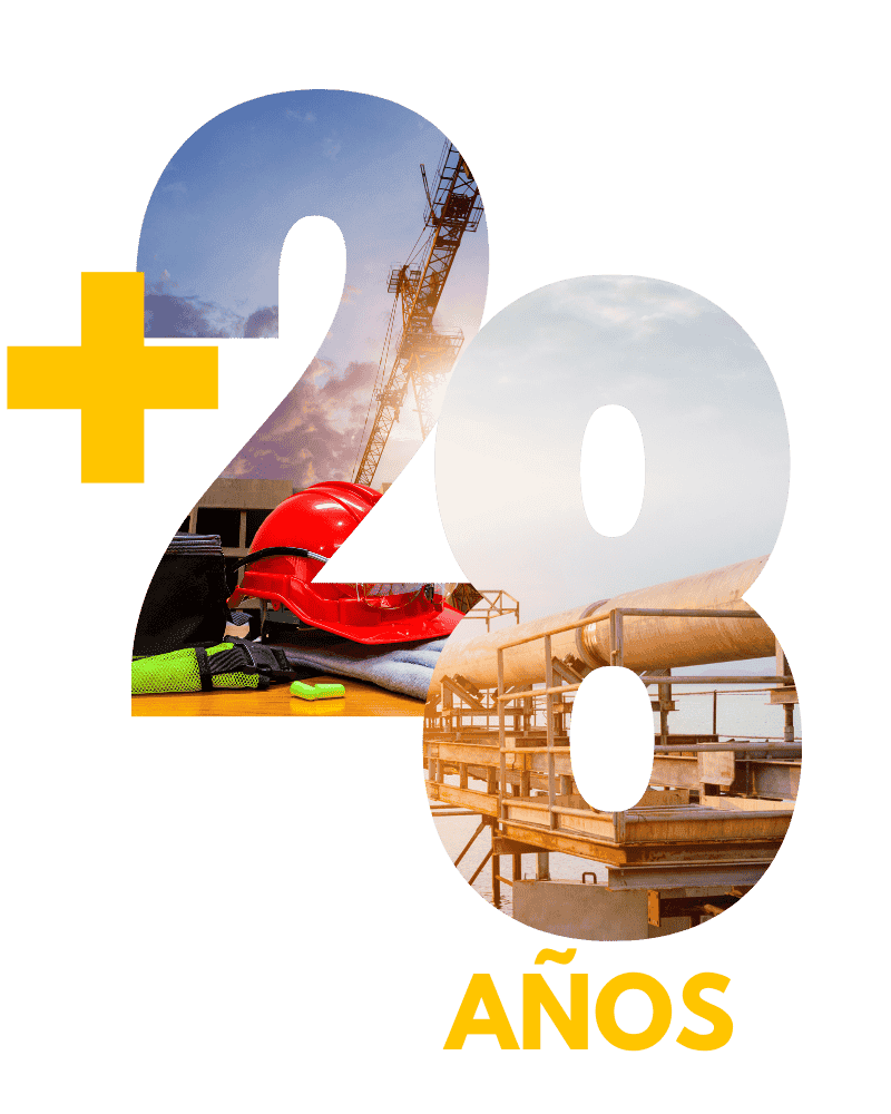 Gráfico con el texto "+28 años" con imágenes integradas de cascos de seguridad, grúas y estructuras industriales, celebrando más de 28 años de experiencia de CASFAM en mantenimiento industrial, oleoductos y obra civil.